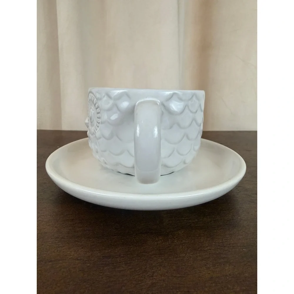 West Elm PAIR (2) White Embossed Ceramic Owl Mugs and Saucers RARE